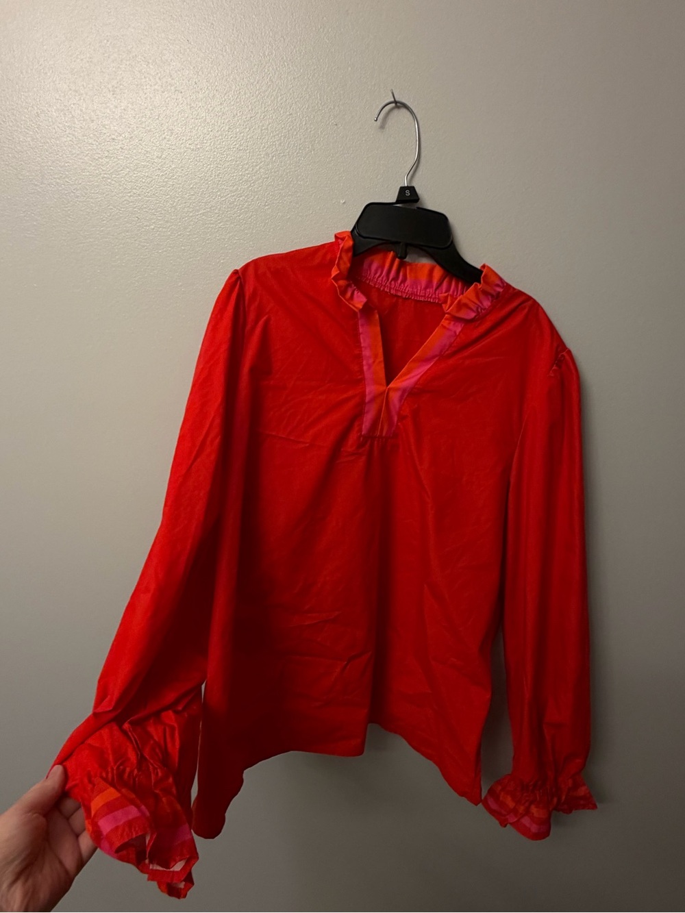 Red Ruffled V-Neck Women's Blouse